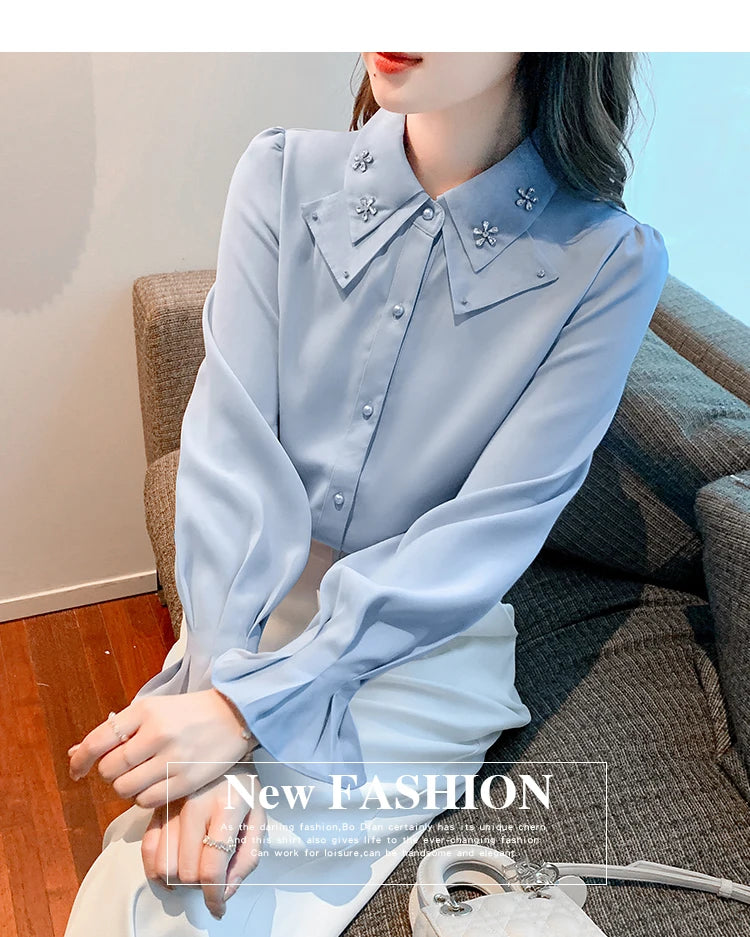 Elegant Chiffon Long Sleeve Blouse - White, Korean Office Style 2025