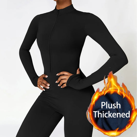 Warm Plush One-Piece Sports Jumpsuit – Women's Winter Fitness Tracksuit