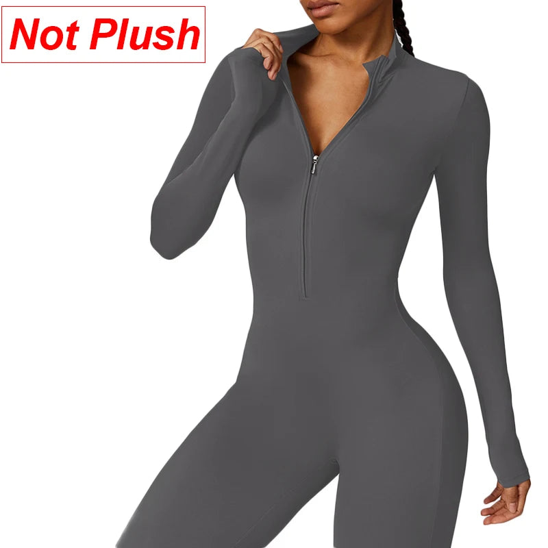 Warm Plush One-Piece Sports Jumpsuit – Women's Winter Fitness Tracksuit