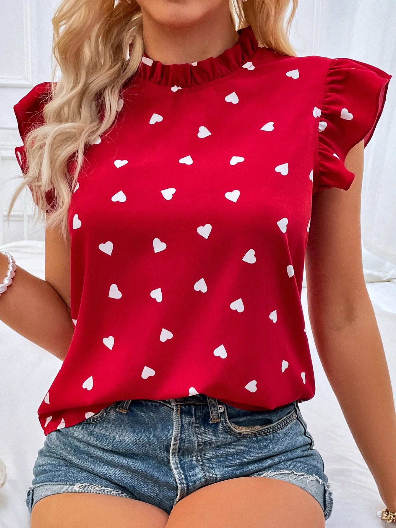 Chic Pink Chiffon Ruffle Blouse - Short Sleeve, Summer 2024