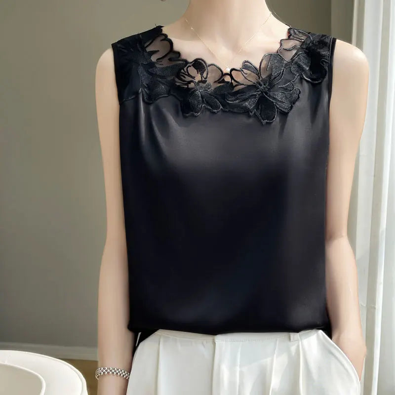 Elegant Silk Lace Camisole - Sleeveless Satin Top for Women