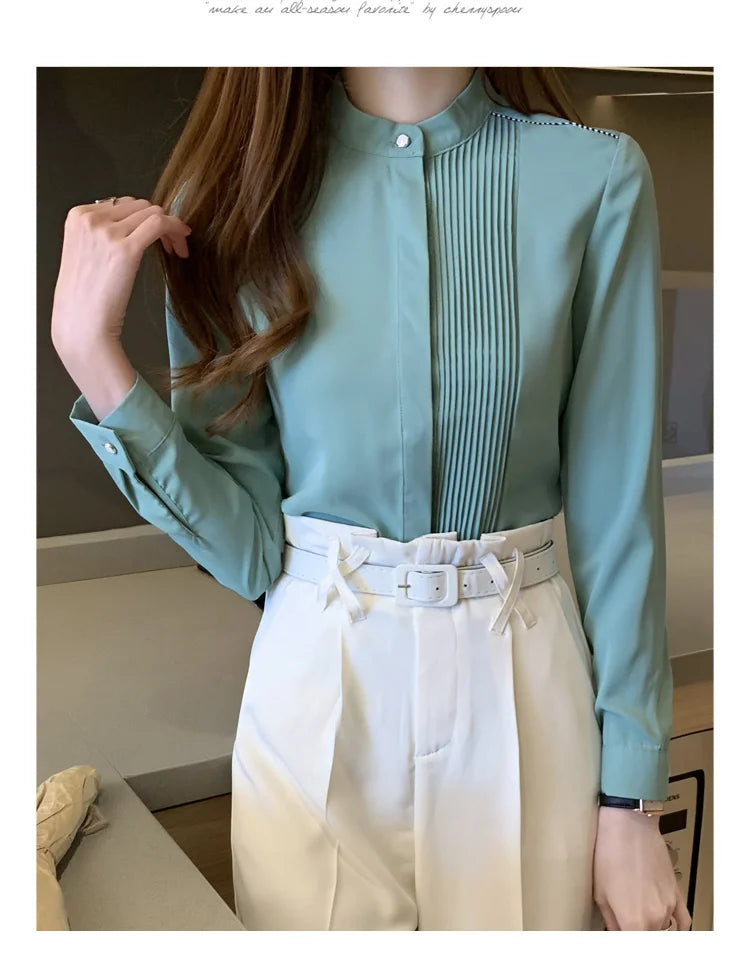023 Chiffon Bow V-Neck Blouse - Long Sleeve Office Top