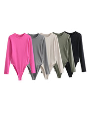 Long Sleeve Slim Jumpsuit - Casual Round Neck Bodysuit for Women