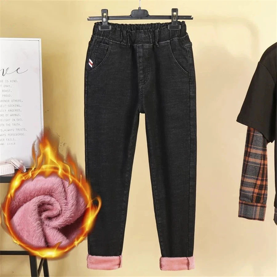 Oversized Winter Thicken Denim Pants – High Waist, Plus Velvet, Loose Fit