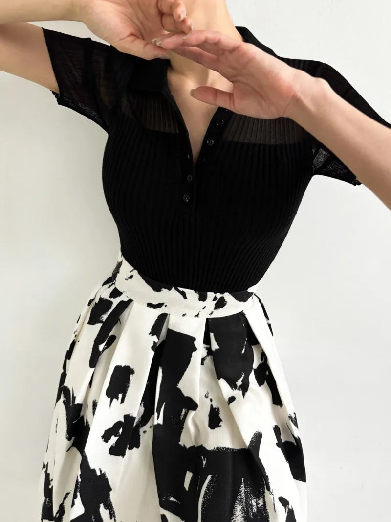 Ice Silk Polo Crop Top - Hollow-Out, Short Sleeve Korean Style