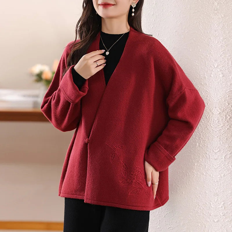 100% Merino Wool Embroidered Cardigan - Floral V-Neck, Autumn/Winter 2024