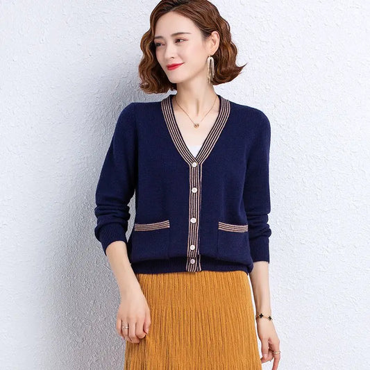Striped Patchwork Knit Cardigan - V-Neck, Long Sleeve, Autumn 2024