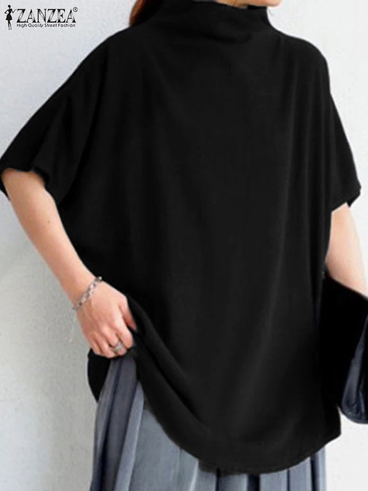 ZANZEA Cotton Turtleneck Blouse - Short Sleeve, Oversized Fit
