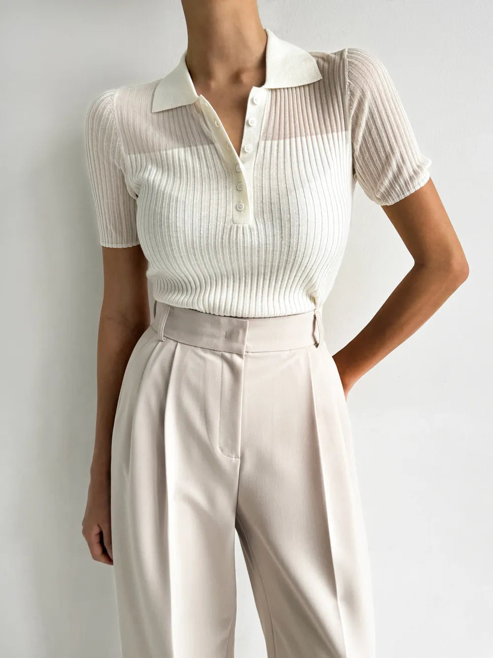 Ice Silk Polo Crop Top - Hollow-Out, Short Sleeve Korean Style