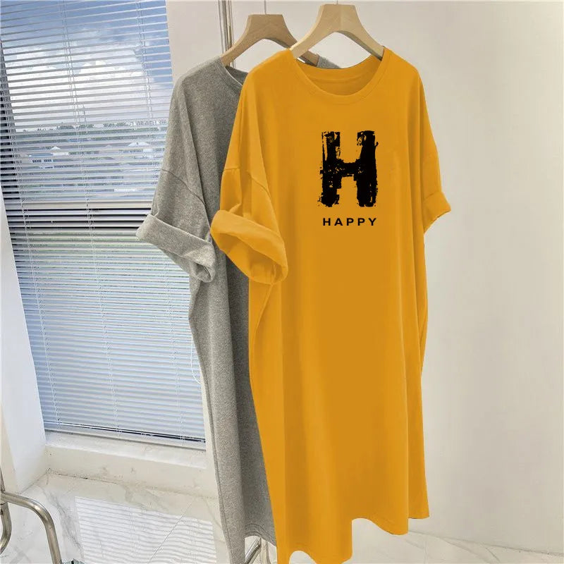 Letter Printed O-Neck Dress - Summer Casual Loose Short Sleeve Pullover Tunic for Women