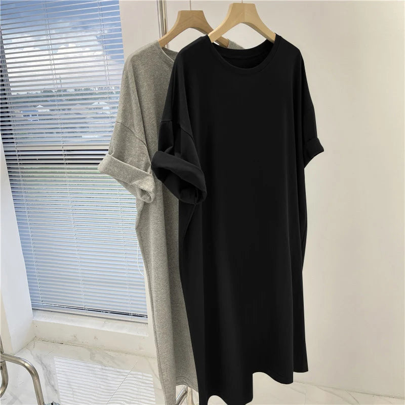 Letter Printed O-Neck Dress - Summer Casual Loose Short Sleeve Pullover Tunic for Women