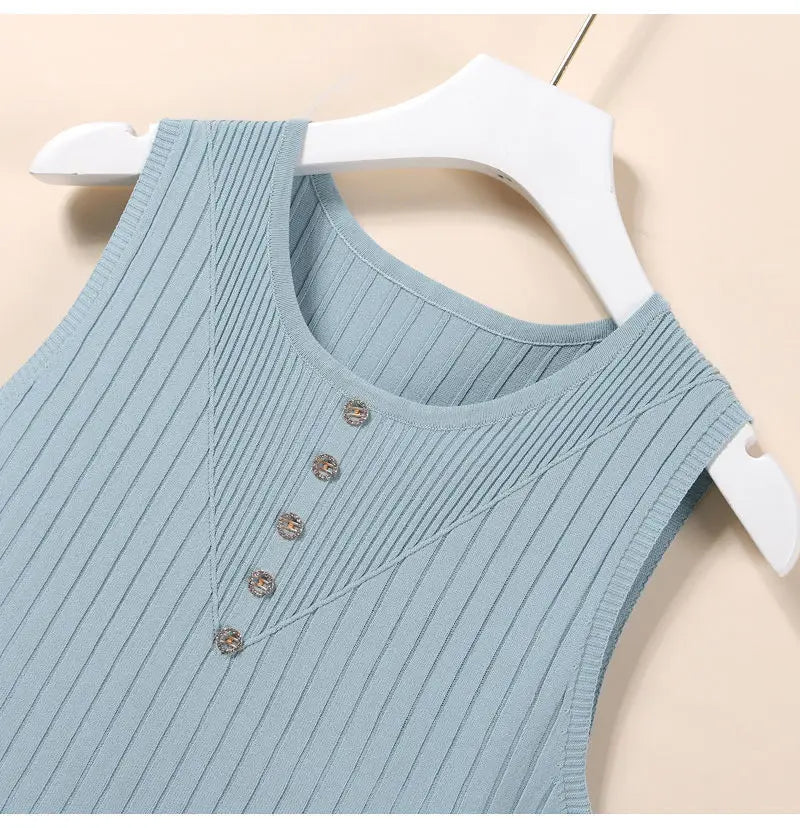 Elegant Knit V-Neck Tank Top - Sleeveless & Striped