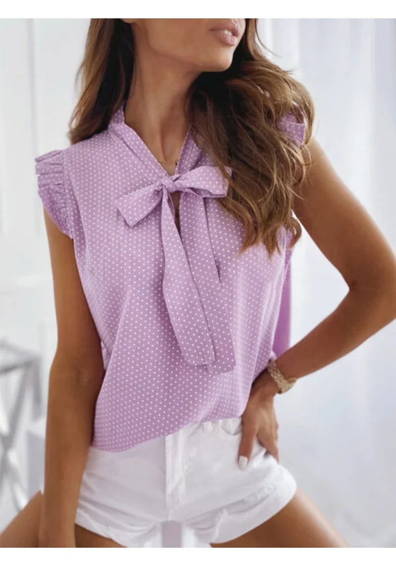 Sleeveless Ruffle Polka Dot Blouse - Lace-Up Bow