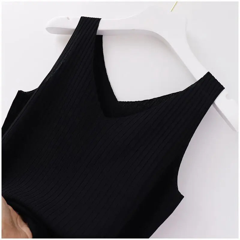Knitted Sleeveless V-Neck Tank Top - Slim Fit, Khaki