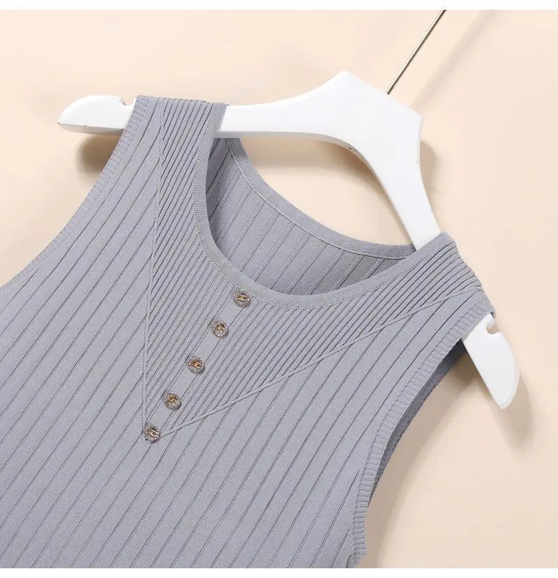Elegant Knit V-Neck Tank Top - Sleeveless & Striped