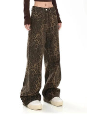 Leopard Print Wide-Leg Jeans - Oversized Vintage Streetwear Denim