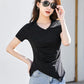 Chic V-Neck Pleated Cotton Tee - Irregular Hem