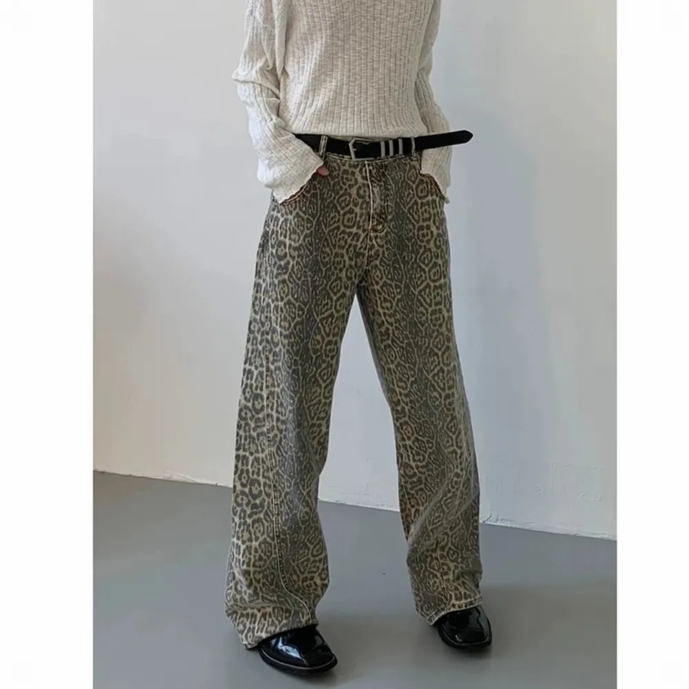 Leopard High-Waist Wide-Leg Jeans - Y2K Harajuku Streetwear Denim Pants for Women