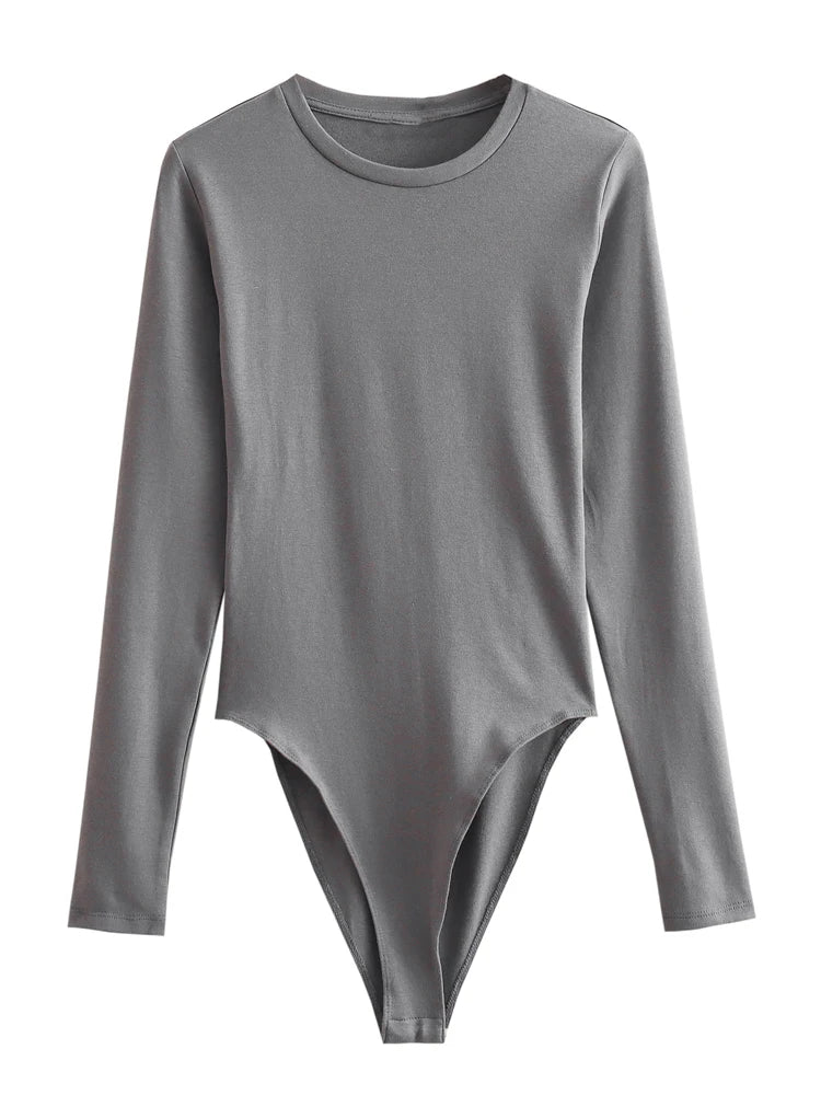 Long Sleeve Slim Jumpsuit - Casual Round Neck Bodysuit for Women