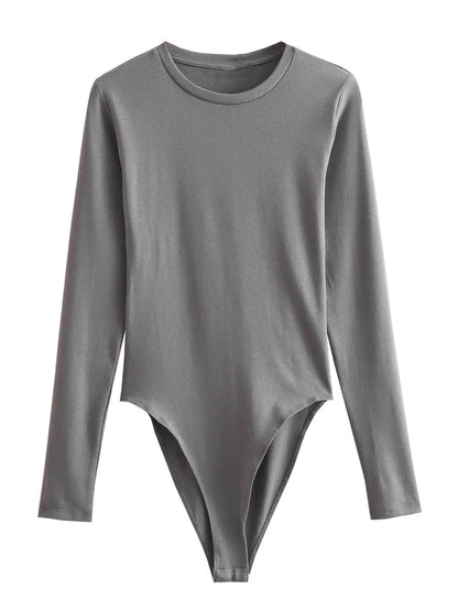 Long Sleeve Slim Jumpsuit - Casual Round Neck Bodysuit for Women