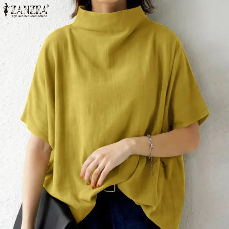 ZANZEA Cotton Turtleneck Blouse - Short Sleeve, Oversized Fit