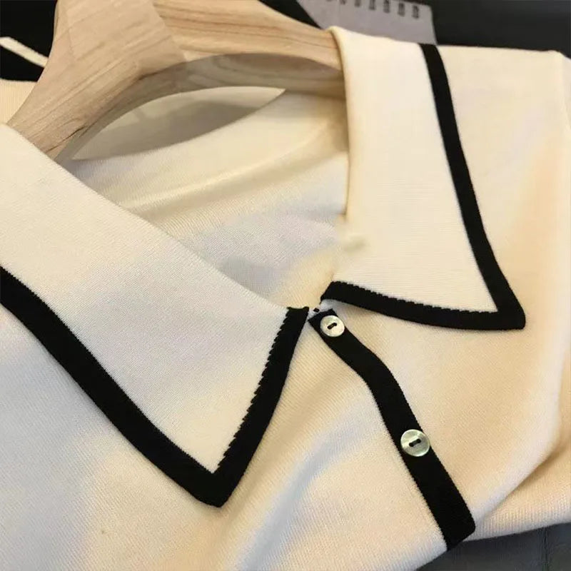 Black & White Patchwork Polo Shirt - Casual Knit Short Sleeve