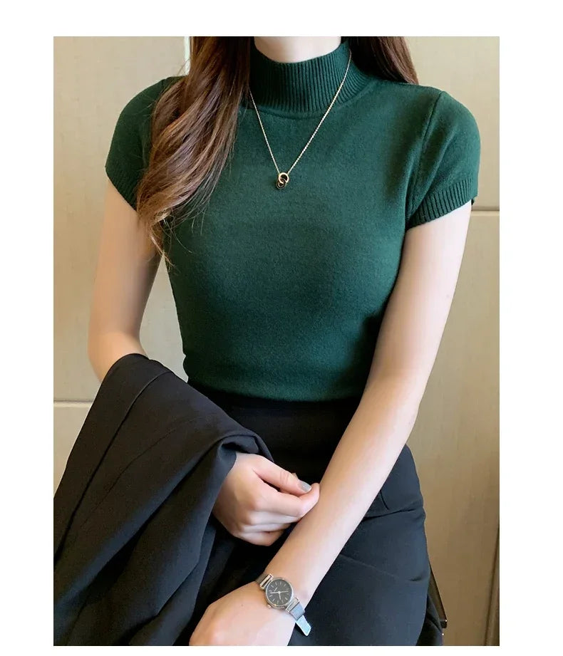 2024 Summer Turtleneck Knit Blouse - Short Sleeve