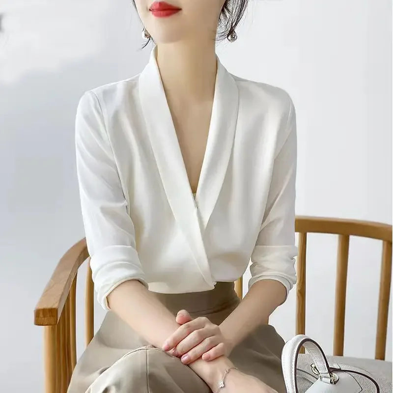 Silk Satin V-Neck Tunic - Long Sleeve, Office Chic