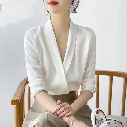 Silk Satin V-Neck Tunic - Long Sleeve, Office Chic