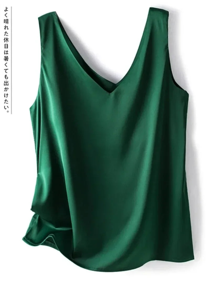Satin Silk Lace Tank Top - V-Neck Sleeveless Camisole (S-3XL