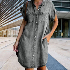 Distressed Denim Shirt Dress - Short Sleeve Button-Down Casual Tunic for Women