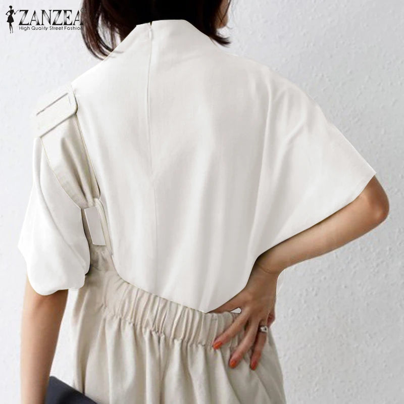 ZANZEA Cotton Turtleneck Blouse - Short Sleeve, Oversized Fit