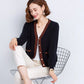 Striped Patchwork Knit Cardigan - V-Neck, Long Sleeve, Autumn 2024