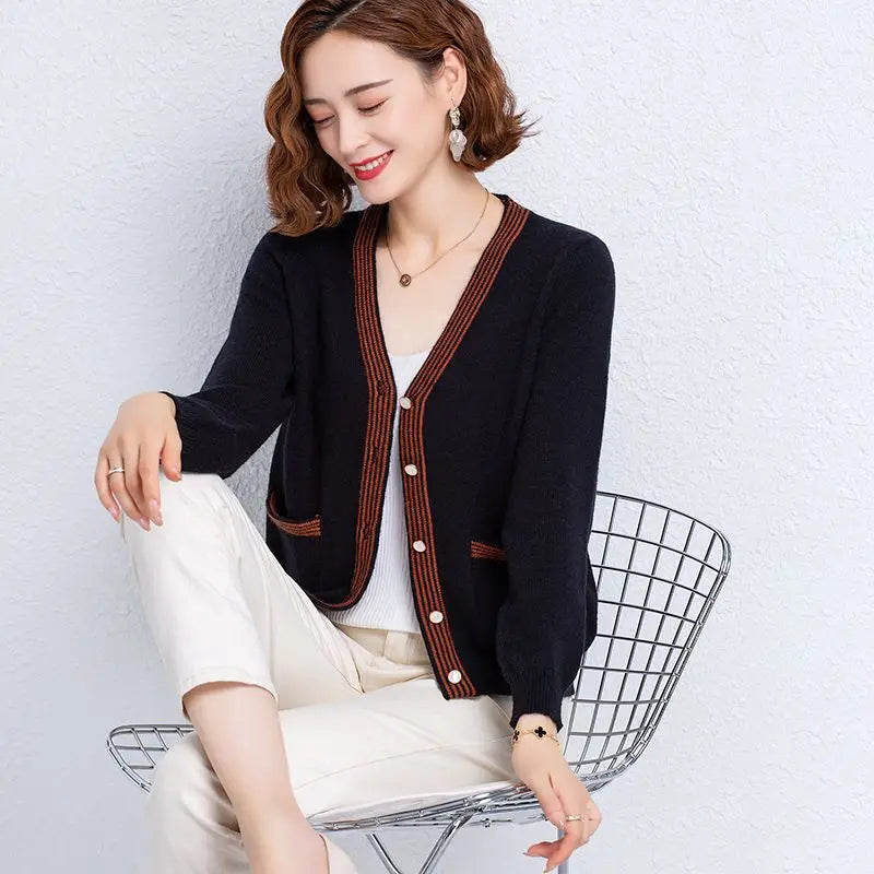 Striped Patchwork Knit Cardigan - V-Neck, Long Sleeve, Autumn 2024