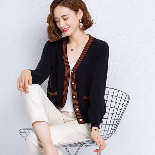 Striped Patchwork Knit Cardigan - V-Neck, Long Sleeve, Autumn 2024