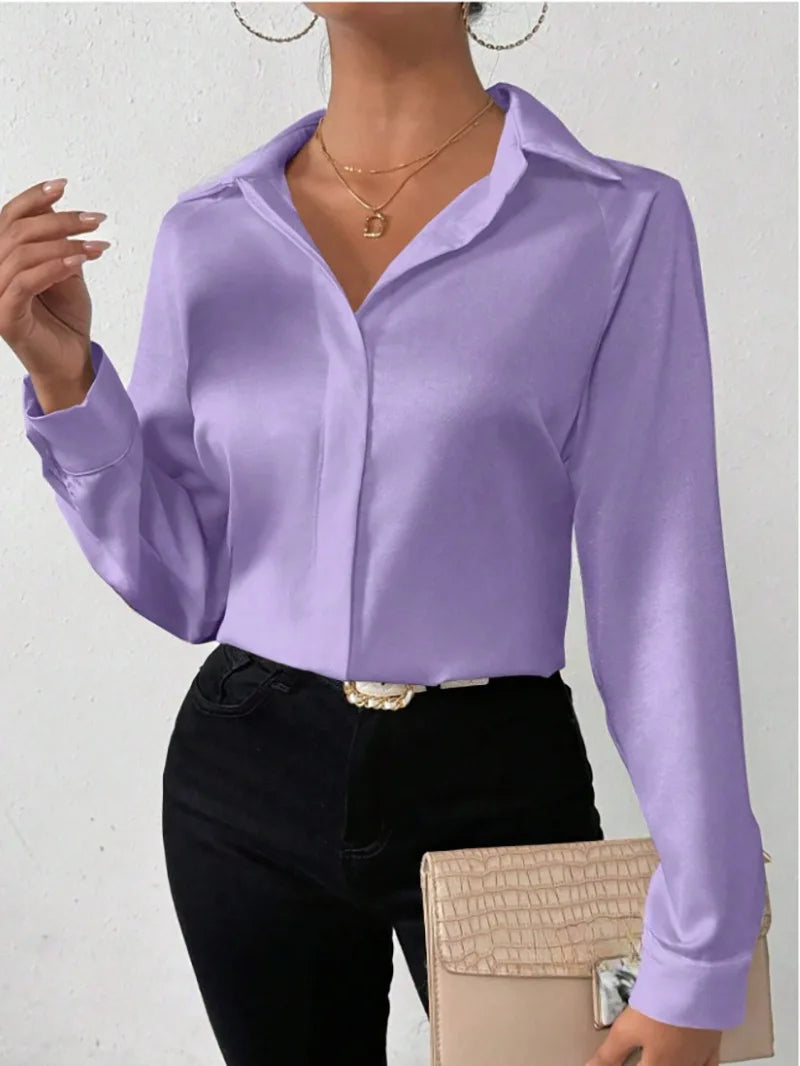 Elegant Long Sleeve Silk-Like Blouse - High-Quality Fashion