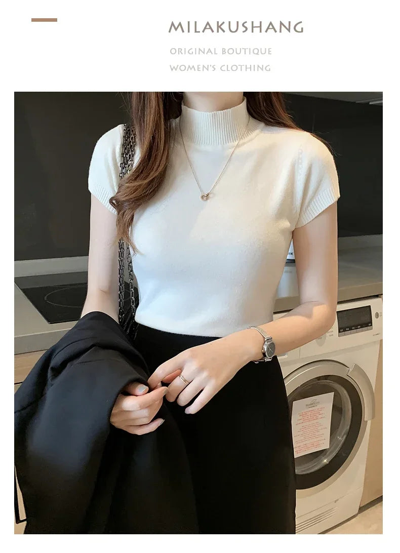 2024 Summer Turtleneck Knit Blouse - Short Sleeve