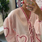 Plaid Heart Patchwork Blouse - V-Neck Lace-Up Long Sleeve