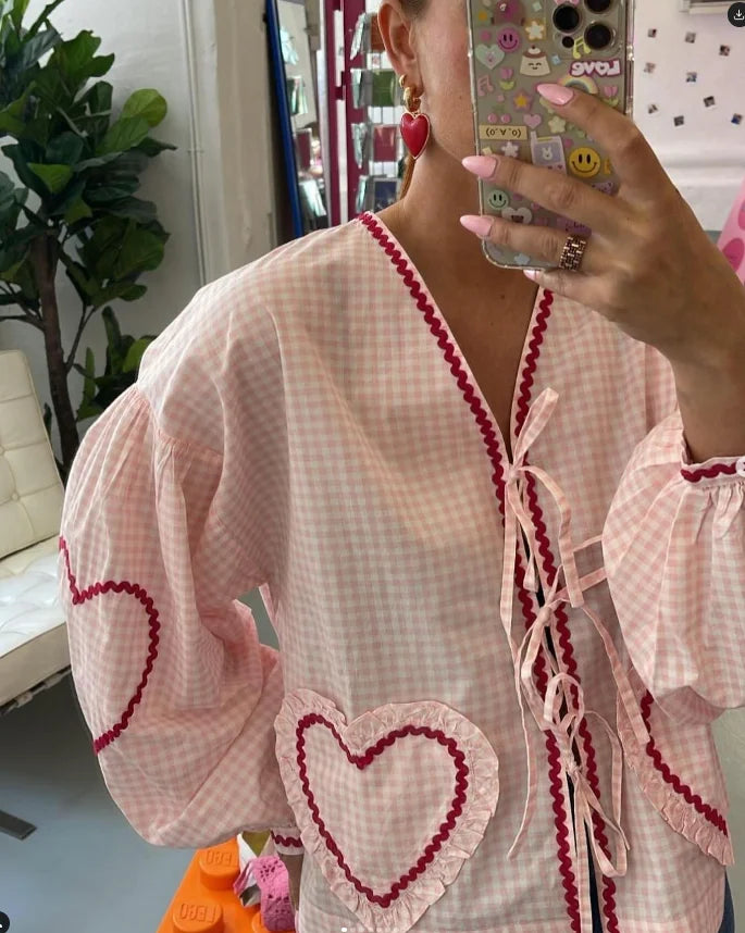 Plaid Heart Patchwork Blouse - V-Neck Lace-Up Long Sleeve