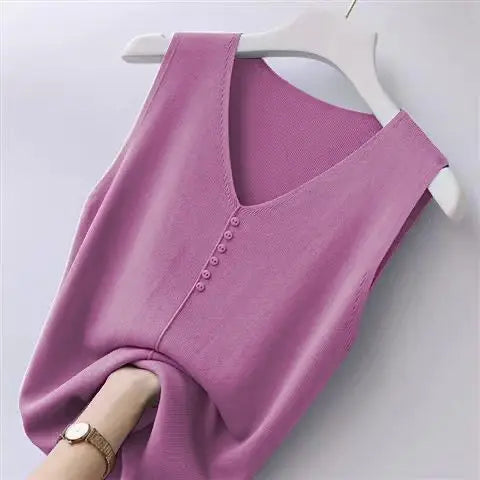 Ice Silk V-Neck Tank Top - Loose Fit Knitted Sleeveless Casual Outerwear for Women (S-6XL)