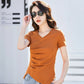 Chic V-Neck Pleated Cotton Tee - Irregular Hem