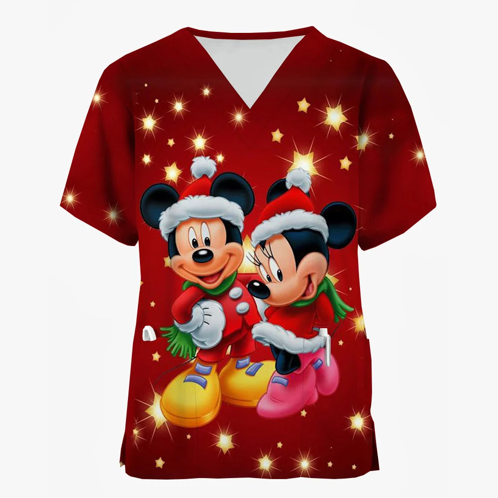 Mickey Mouse Nursing Scrub Top - V-Neck with Pockets, Christmas Edition