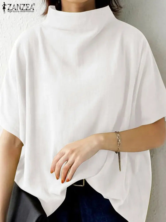 ZANZEA Cotton Turtleneck Blouse - Short Sleeve, Oversized Fit