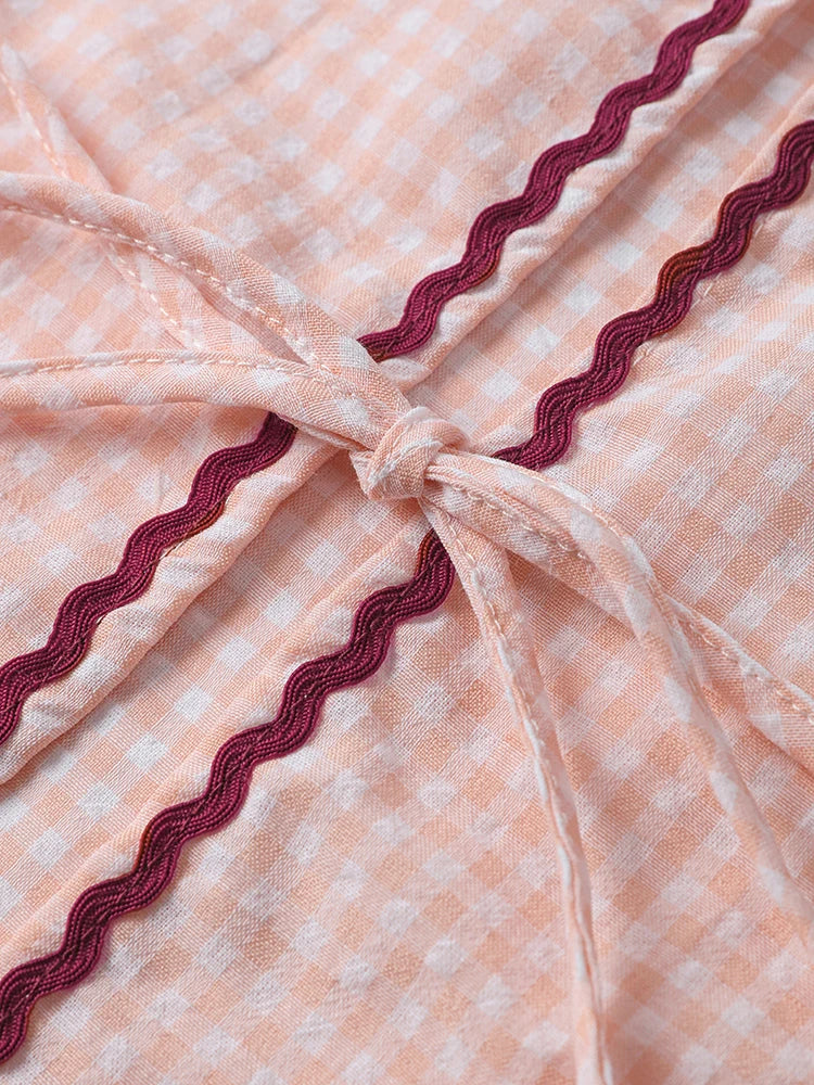 Plaid Heart Patchwork Blouse - V-Neck Lace-Up Long Sleeve