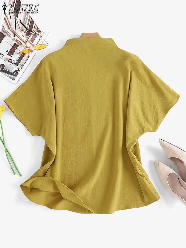 ZANZEA Cotton Turtleneck Blouse - Short Sleeve, Oversized Fit