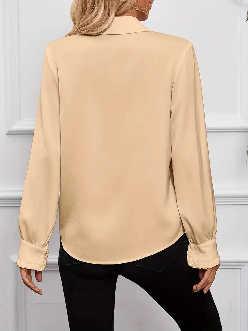 White Ruffled Lapel Blouse - Long Sleeve, Office Chic