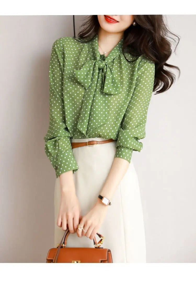 Polka Dot Shawl Collar Blouse - Bow Detail, Long Sleeve