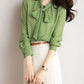 Polka Dot Shawl Collar Blouse - Bow Detail, Long Sleeve