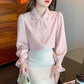 Elegant Chiffon Long Sleeve Blouse - White, Korean Office Style 2025