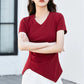 Chic V-Neck Pleated Cotton Tee - Irregular Hem